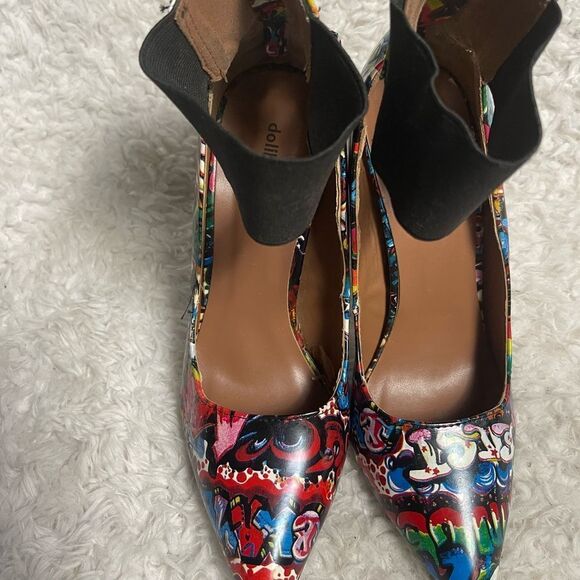 Dollhouse Graffiti print multi color ankle strap heels back zipper  SZ9 - Picture 4 of 13